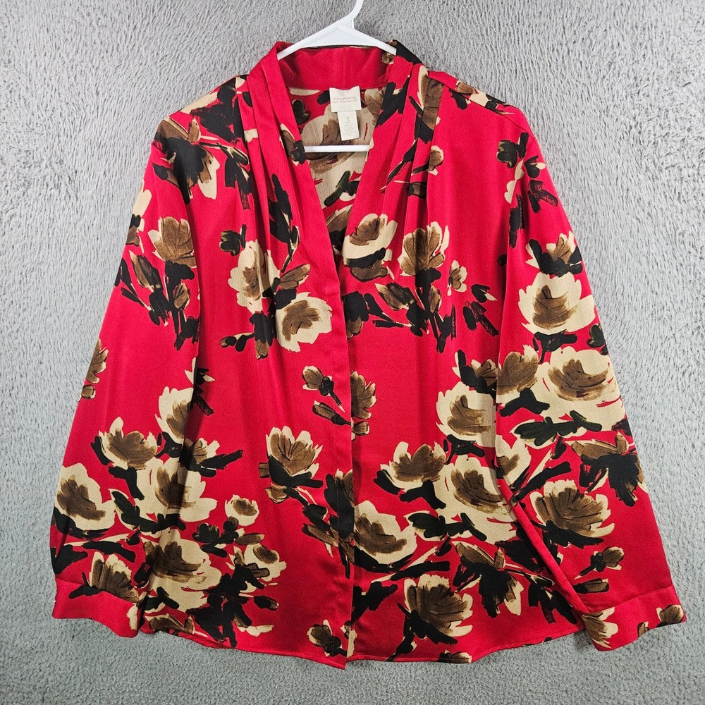 Chico's Red Floral V-Neck Blouse Long Sleeve Pleated Collar Top Size 3 XL